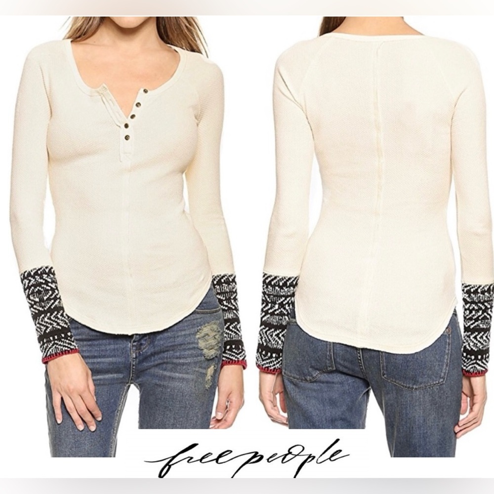 Free People Women’s Sz S Alpine Cuff‎ Ivory Thermal Henley Top